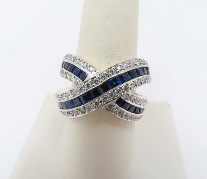 18k White Gold ~1.75ctw Diamond and Sapphire Crossover Ring Size 8.5