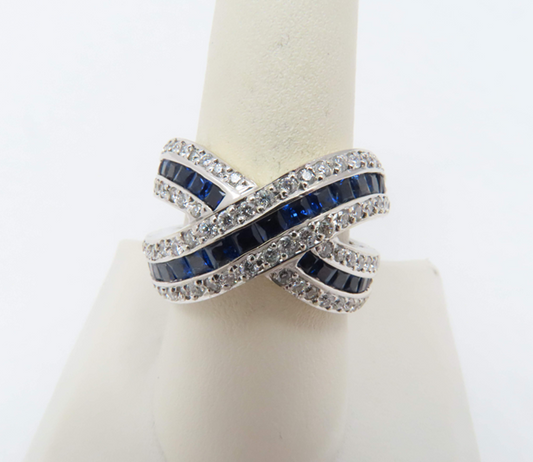18k White Gold ~1.75ctw Diamond and Sapphire Crossover Ring Size 8.5