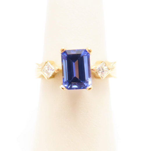 14k Yellow Gold Emerald Cut Tanzanite & ~1/4ctw Diamond Ring Size 7.25