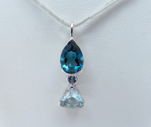 14k White Gold Blue Topaz, Aquamarine, and Tanzanite Pendant