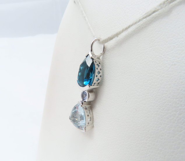 14k White Gold Blue Topaz, Aquamarine, and Tanzanite Pendant