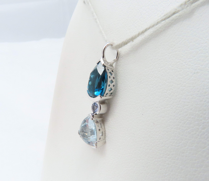 14k White Gold Blue Topaz, Aquamarine, and Tanzanite Pendant