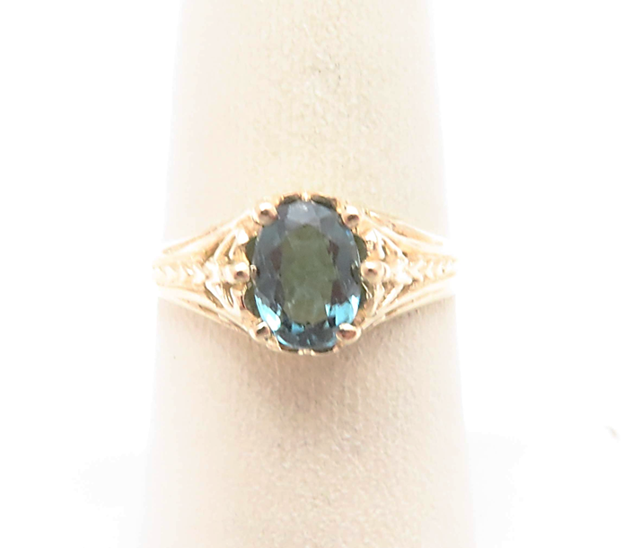 14k Yellow Gold 7x5mm Blue Tourmaline Filigree Ring Size 6.75