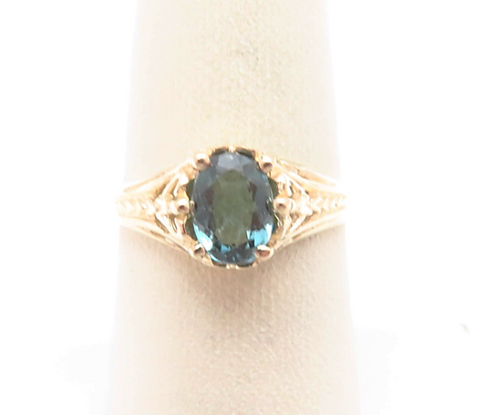 14k Yellow Gold 7x5mm Blue Tourmaline Filigree Ring Size 6.75