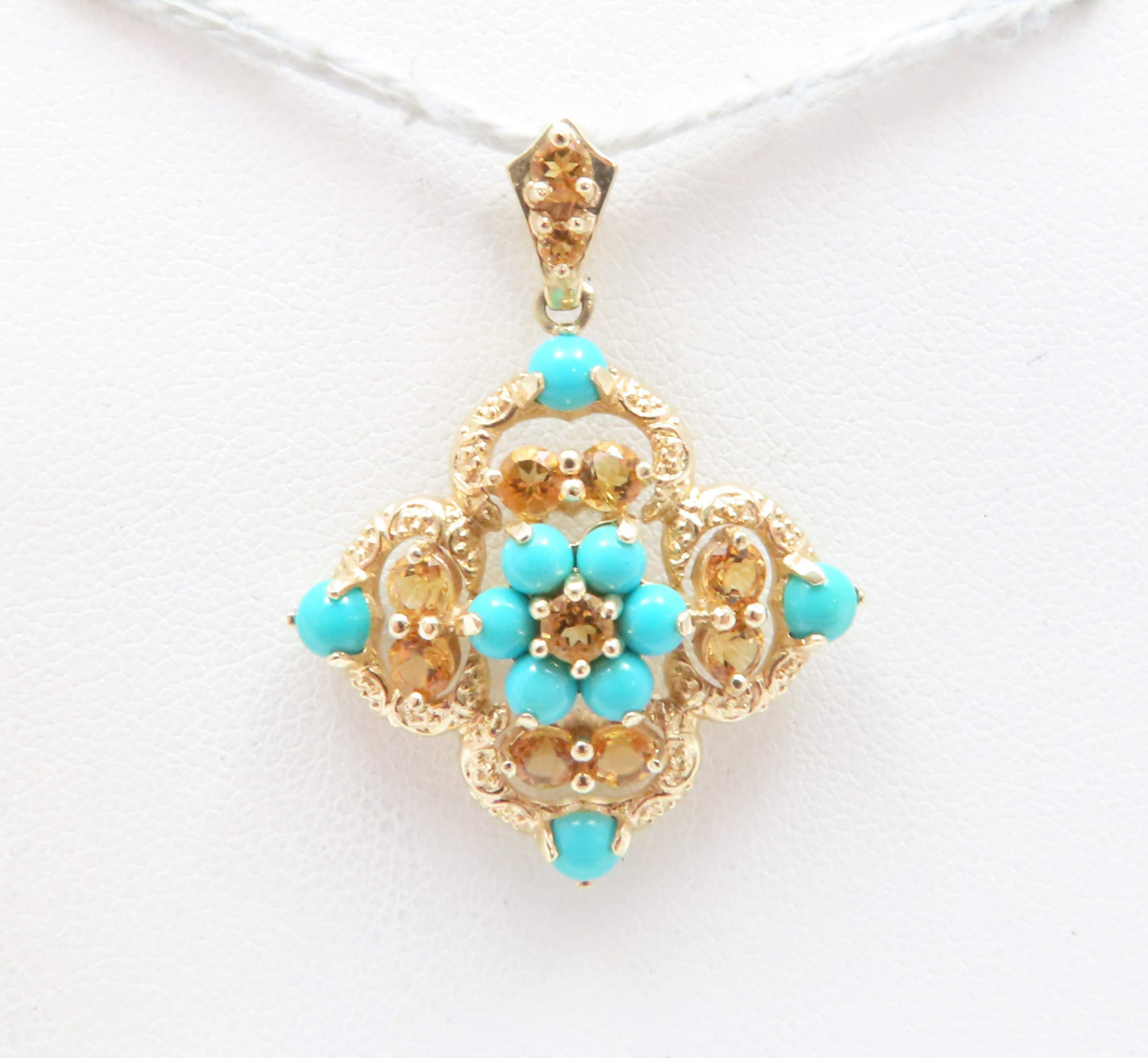 14k Yellow Gold Citrine & Turquoise Quatrefoil Pendant