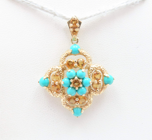 14k Yellow Gold Citrine & Turquoise Quatrefoil Pendant