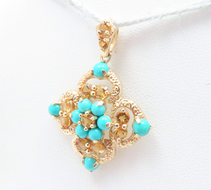 14k Yellow Gold Citrine & Turquoise Quatrefoil Pendant